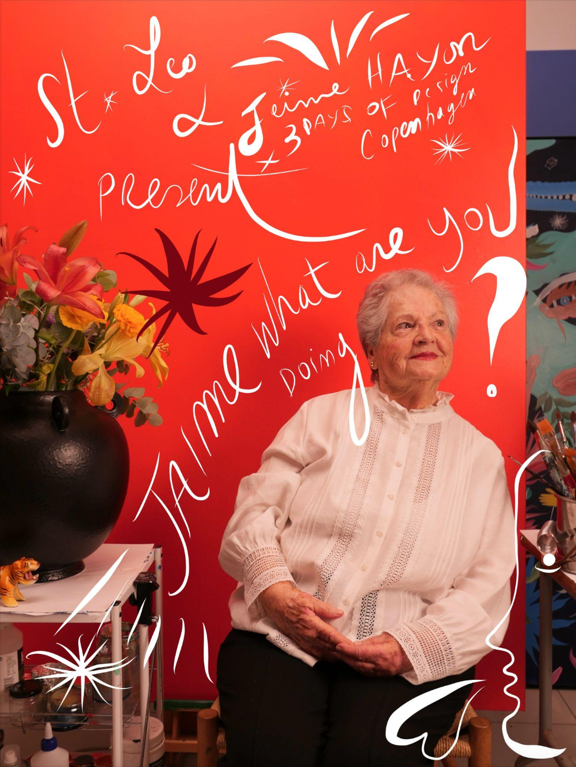 An exhibition poster depicting an elderly woman in a white blouse, sitting on a chair and covered in hand-drawn illustrations, doodles, and writing.