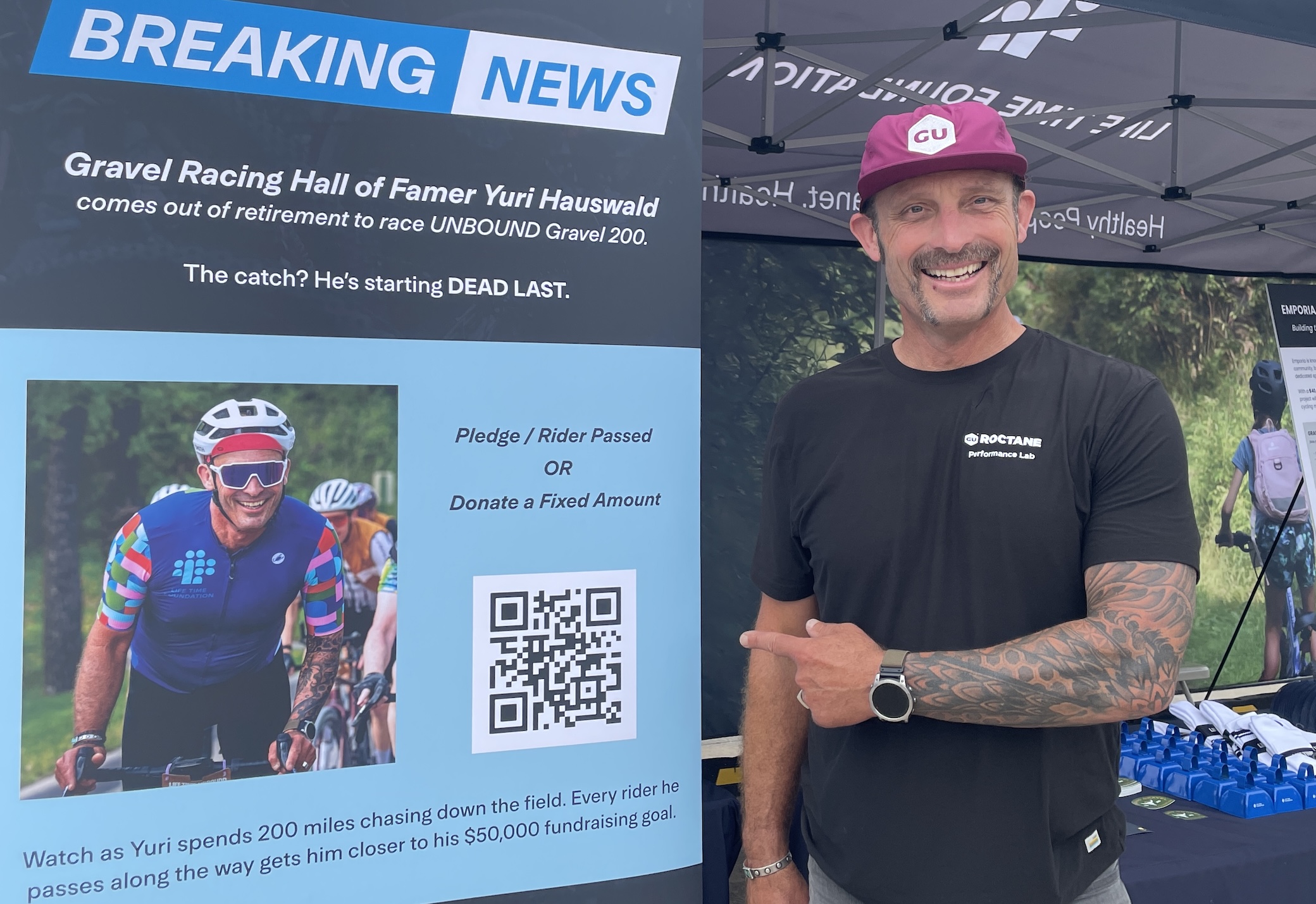 2015 Unbound Gravel 200 champion Yuri Hauswald will race the 2026 event for Life Time Foundation as a fundraiser, starting in the back of the field