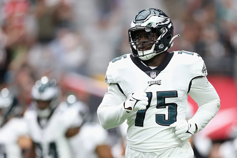 GLENDALE, ARIZONA - OCTOBER 09: Defensive end Tarron Jackson #75 of the Philadelphia Eagles warms up before the NFL game at State Farm Stadium on October 09, 2022 in Glendale, Arizona. The Eagles defeated the Cardinals 20-17. (Photo by Christian Petersen/Getty Images)