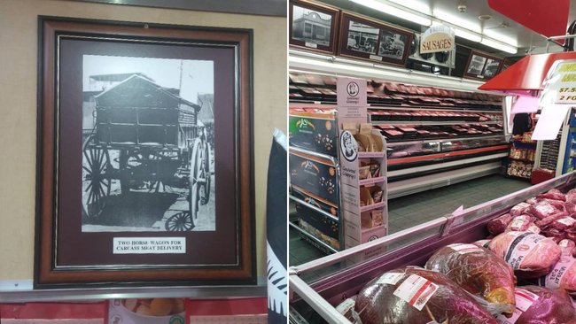 Historic images inside Jack Purcell Meats trace the family business back to founder Jack Purcell’s early meat deliveries by horse and cart.