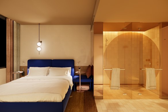 An artist’s impression of a guest room interior, featuring a 1970s circular motif in the bathroom.  