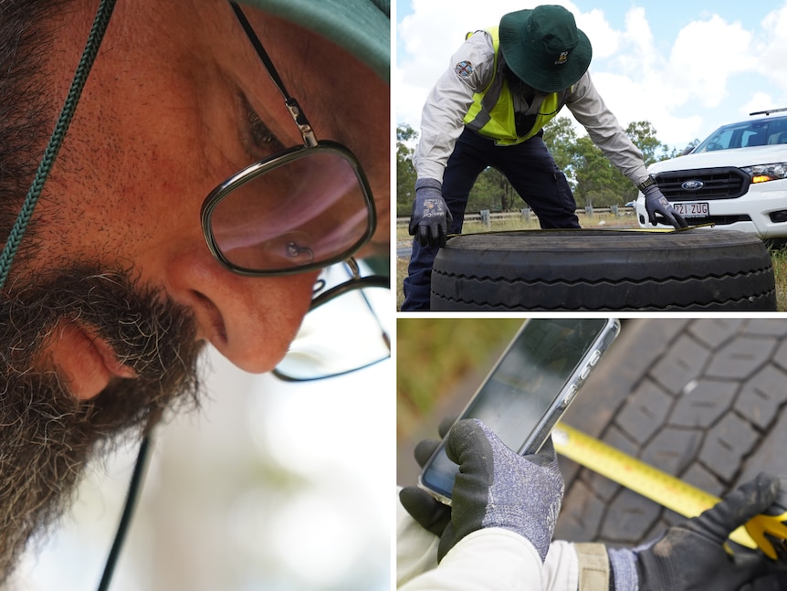A collage of images showing a man examining dumped tyres.