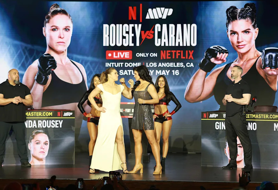 NEW YORK, NY - APRIL 15: Ronda Rousey and Gina Carano attend Rousey vs. Carano NYC Press Conference at The Palladium on April 15, 2026 in New York, New York. (Photo by Sarah Stier/Getty Images for Netflix)