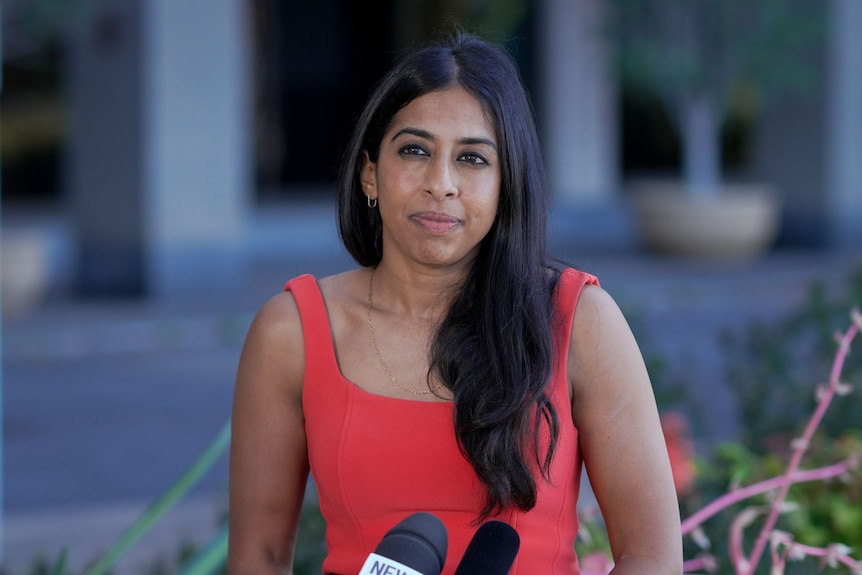 A woman in a red top addresses the media.