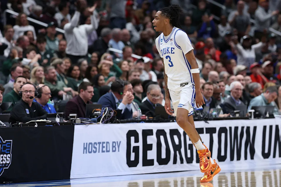 Duke's Isaiah Evans reacts during the second half against St. John's in the Sweet 16 of the 2026 Tournament at Capital One Arena on March 27, 2026 in Washington, DC.