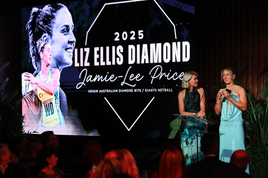 Jamie‑Lee Price is interviewed by Sarah Jones after being awarded the Liz Ellis Diamond.