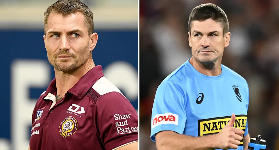 Kieran Foran (L) is expected to be named Manly's new head coach in the coming weeks and former Sea Eagles teammate Matt Ballin (R) is a popular choice to be his assistant. Pic: Getty