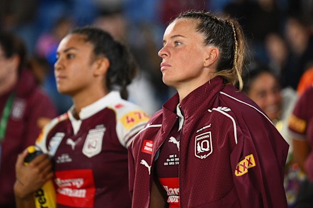 Lauren Brown reacts as NSW lift the women's State of Origin shield.