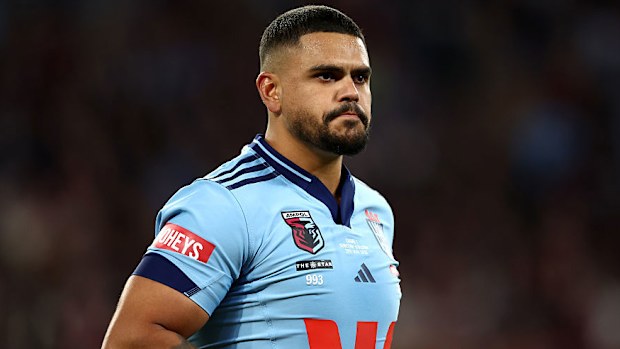 Latrell Mitchell of the NSW Blues runs out in game one of the 2025 State of Origin series.