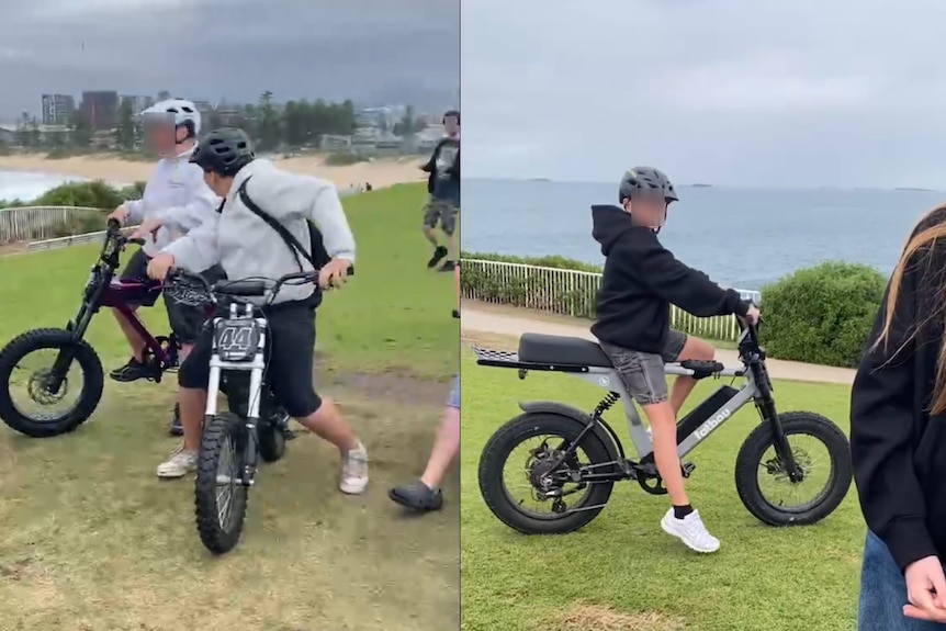 side by side images of young men with faces blurred on ebikes on left and a young woman with a boy on an ebike behind her 