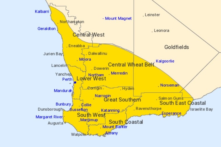 Yellow shows a warning area on a map of WA