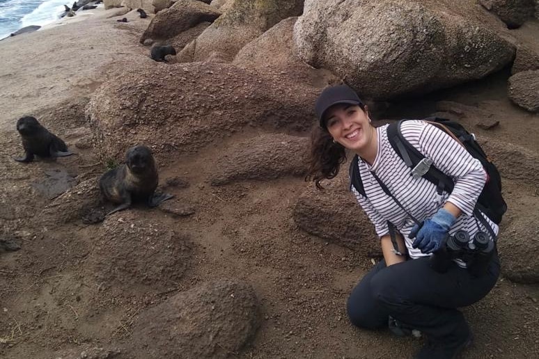 Said Bartes sitting on an island, with two seals in the background