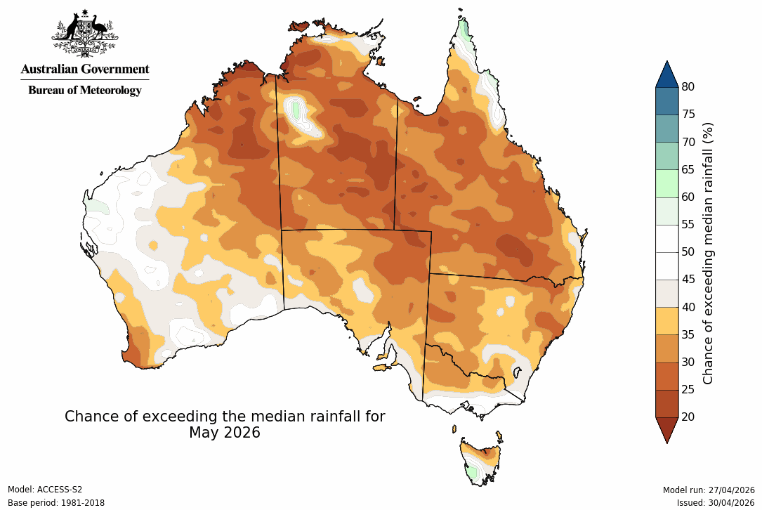 a weather map shows May outlook was indicating a drier month was more likely than a wet month