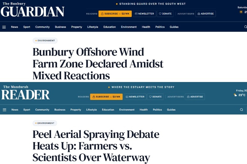 A composite of the mastheads The Bunbury Guardian and The Mandurah Reader websites.