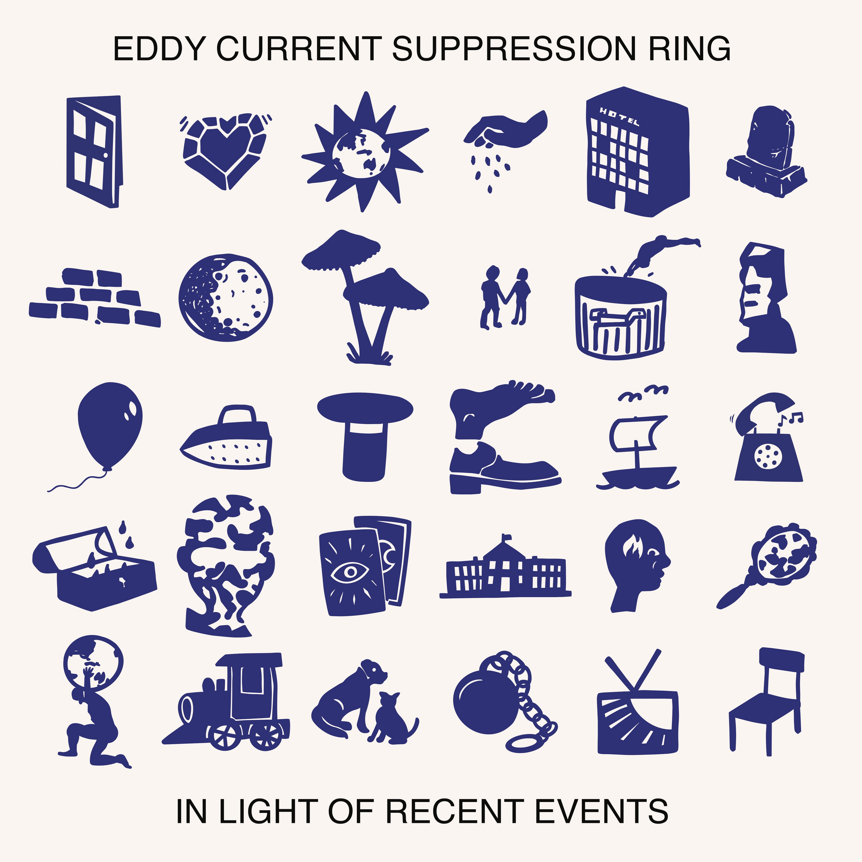 30 blue icons against beige backdrop: door, heart, moon, balloon, iron, train, chaiir, phone and more.
