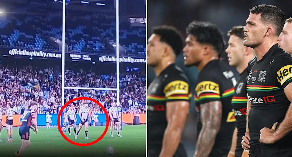 Broncos forward Ben Talty alongside Nathan Cleary and Panthers players.