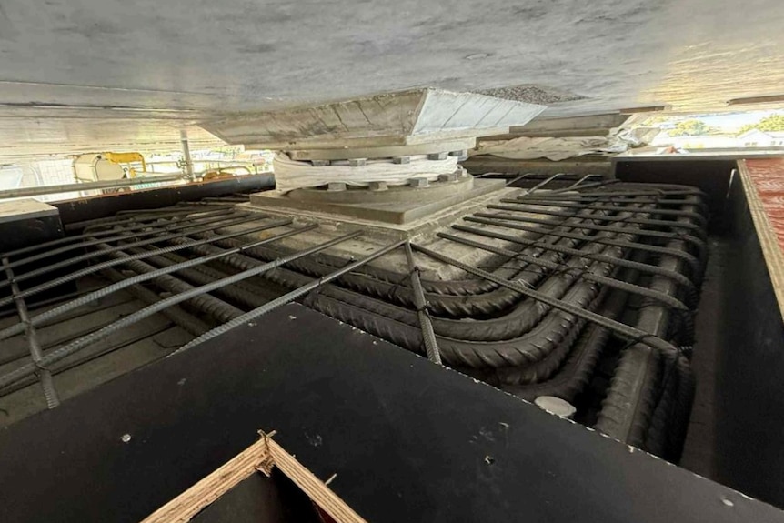 Close up of reinforcing measures in a bridge structure.
