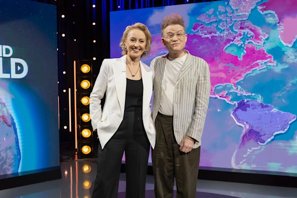 Race Around The World’s new host Zan Rowe with John Safran, who is now a judge on the show.