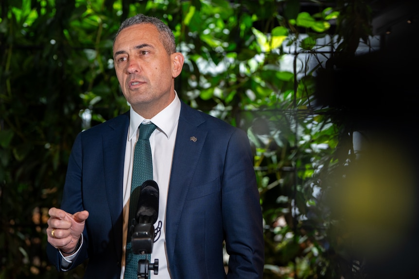 A man with short, grey hair wears a dark suit and stands speaking in front of some trees.