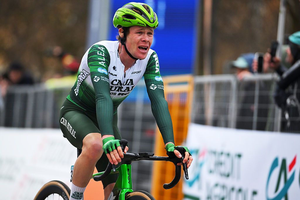 TURIN, ITALY - MARCH 18: Sebastian Berwick of Australia and Team Caja Rural - Seguros RGA crosses the finish line during the 106th Milano-Torino 2026 a 174km one day race from Rho to Turin - Superga 670m / #UCIWT / on March 18, 2026 in Turin, Italy. (Photo by Tim de Waele/Getty Images)