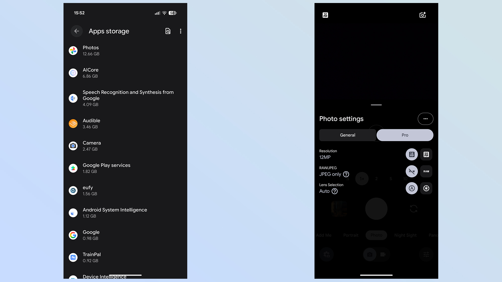phone storage and camera settings