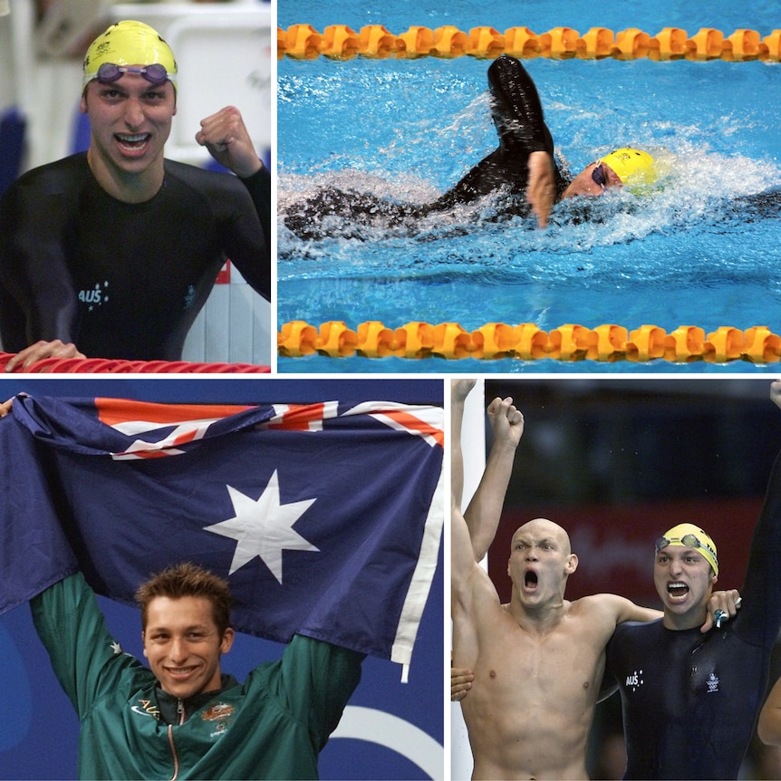Ian Thorpe celebrating after winning, Ian Thorpe swimming, Ian Thorpe holding up the Australian flag.