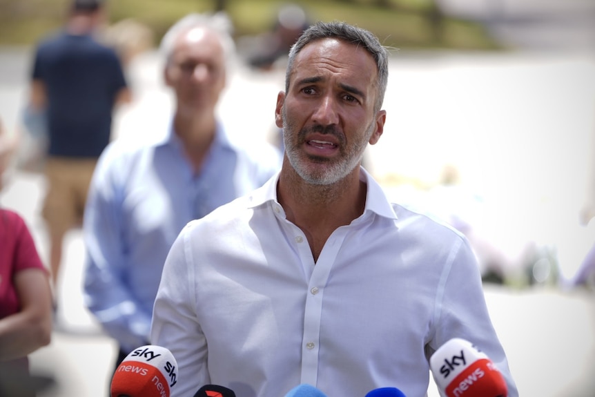 Alex Ryvchin dressed in a white shirt addresses the media
