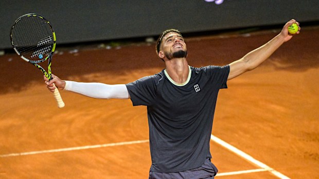 Dino Prizmic of Croatia celebrates the victory against Novak Djokovic of Serbia on Day Four of the Internazionali BNL D'Italiaat Foro Italico on May 08, 2026 in Rome, Italy. (Photo by Silvia Lore/Getty Images)