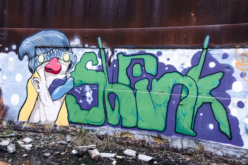 A cartoon character and the word "Shrink" graffitied on a concrete wall.