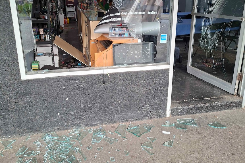 A card store at Hughesdale has its window shattered due to a burglary.