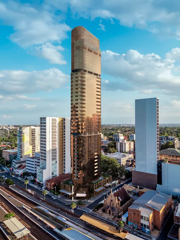 An artist’s impression of the glittering tower proposed for the site of the birthplace of AC/DC, in Burwood.