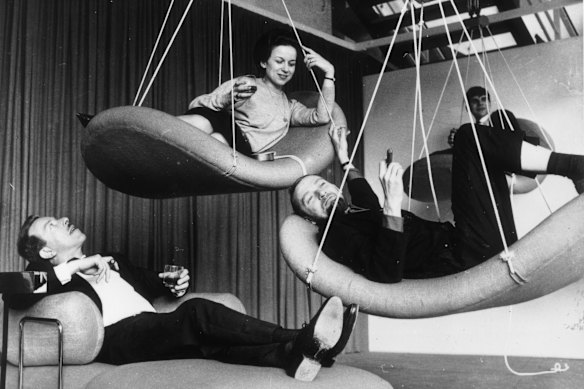 German designer Verner Panton was known for his playful designs, like these suspended chairs to prevent furniture clutter and aid housekeeping.