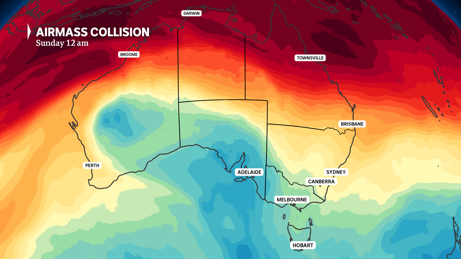 a weather map showing cold air and warm air in close proximity above Australia