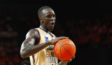 Taipans' Lat Mayen looks happy in the NBL semi final match between the Cairns Taipans and the Sydney Kings, held at the Cairns Convention Centre. Photo: Brendan Radke