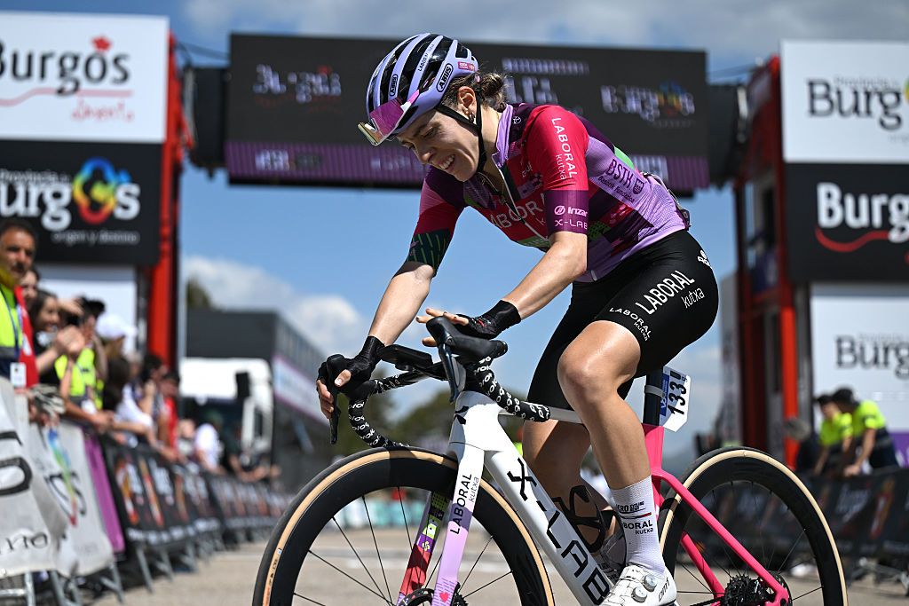 LAGUNAS DE NEILA, SPAIN - MAY 24: Usoa Ostolaza of Spain and Team Laboral Kutxa - Fundacion Euskadi crosses the finish line during the 11th Vuelta a Burgos Feminas 2026, Stage 4 a 120km stage from Gumiel de Mercado to Lagunas de Neila 1868m / #UCIWWT / on May 24, 2026 in Lagunas de Neila, Spain. (Photo by Szymon Gruchalski/Getty Images)