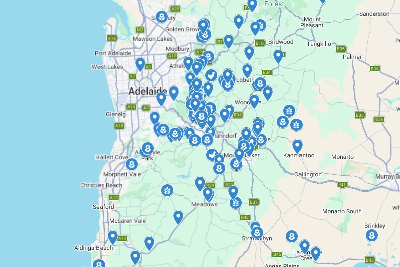 A google maps image is dotted with blue spots, detailing where roadside stalls are