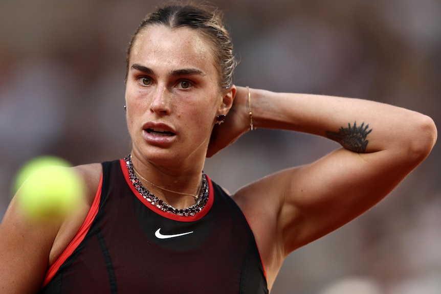 Aryna Sabalenka looks on during her French Open second-round match in 2026.