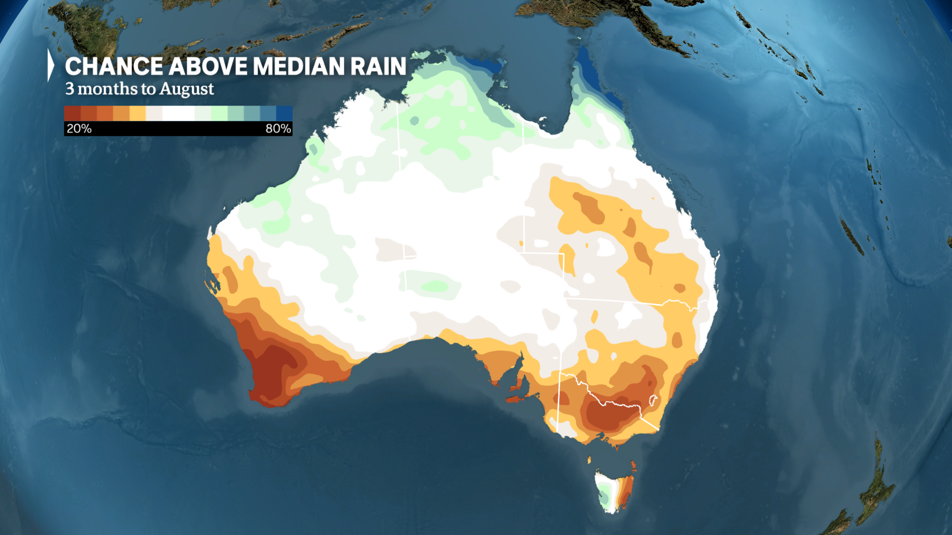 a weather map shows latest winter outlook favours below median rain across southern states,