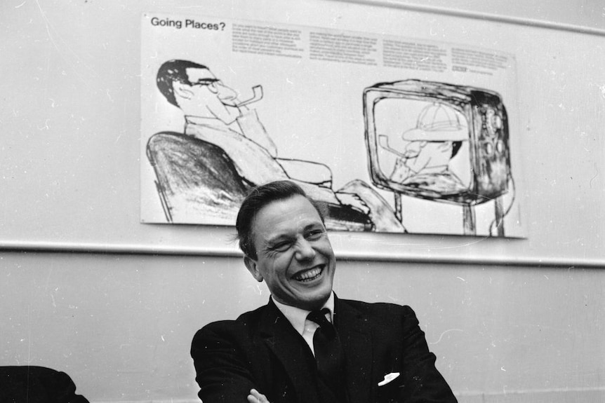Black and white photo of David Attenborough at BBC taken in 1965.