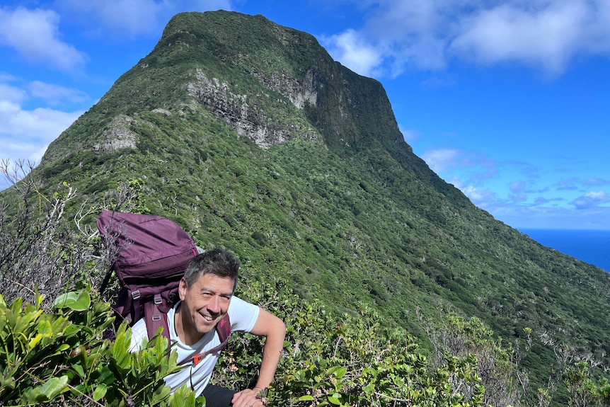 A man with a backpack on a lush green mountain on an island.