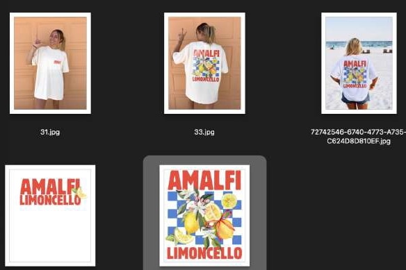 Multiple square icons showing a shirt design with the words Amalfi Limoncello.