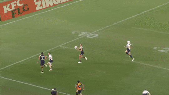 Reece Walsh produces a try-saving tackle for the Broncos against the Roosters.