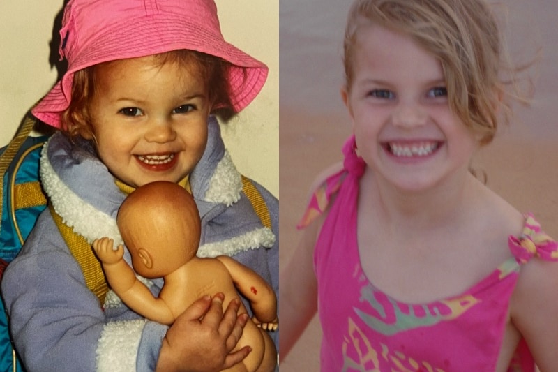 A composite image of a young blonde girl, smiling and playing.