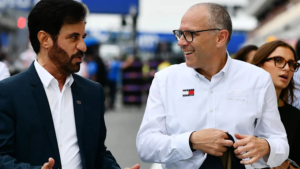 Mohammed Ben Sulayem and Stefano Domenicali in conversation at the 2026 Miami Grand Prix