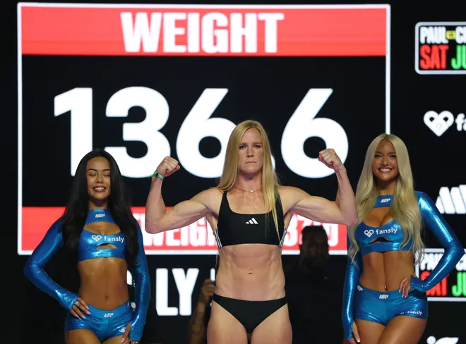 ANAHEIM, CALIFORNIA - JUNE 27: Holly Holm poses during a ceremonial weigh-in before her fight against Yolanda Vega at Honda Center on June 27, 2025 in Anaheim, California. (Photo by Harry How/Getty Images)