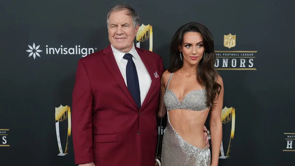 Feb 6, 2025; New Orleans, LA, USA; Bill Belichick and Jordon Hudson on the red carpet before Super Bowl LIX NFL Honors at Saenger Theatre. Mandatory Credit: Kirby Lee-Imagn Images© Kirby Lee-Imagn Images