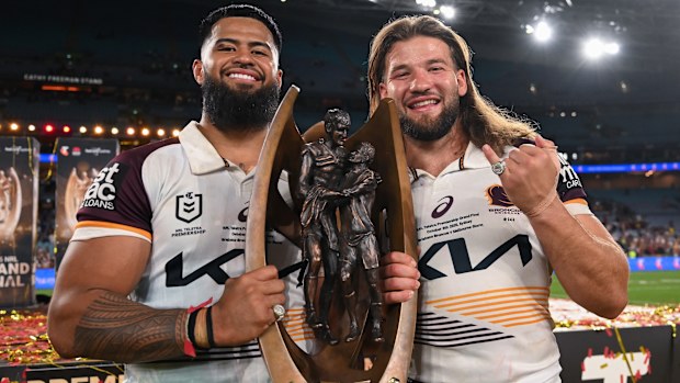 Payne Haas (left) and Patrick Carrigan after the 2025 NRL grand final.