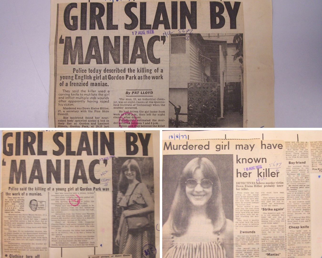 A collage of three newspapers articles discussing a girl slain by a maniac.