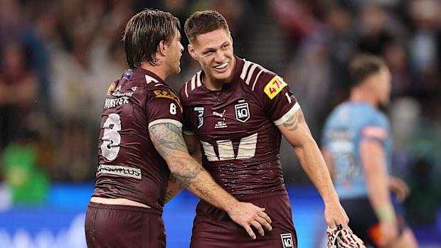 Cameron Munster and Kalyn Ponga celebrate during game two of the Men's State of Origin series between Queensland Maroons and New South Wales Blues at Optus Stadium on June 18, 2025 in Perth, Australia. (Photo by Cameron Spencer/Getty Images)