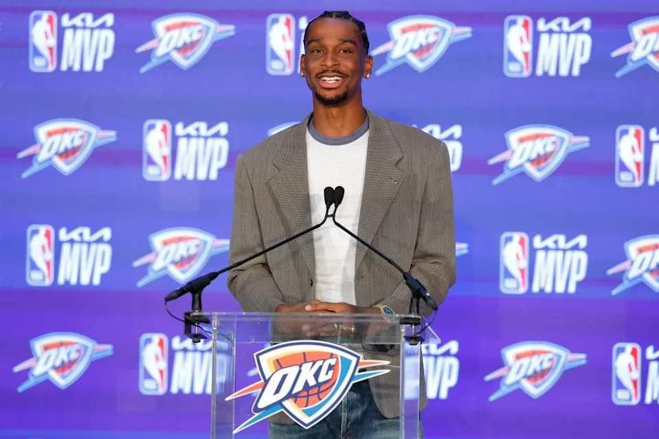 Oklahoma City Thunder guard Shai Gilgeous-Alexander speaks during a press conference after the announcement he won the 2025-2026 NBA Most Valuable Player award on May 17, 2026. Alonzo Adams-Imagn Images